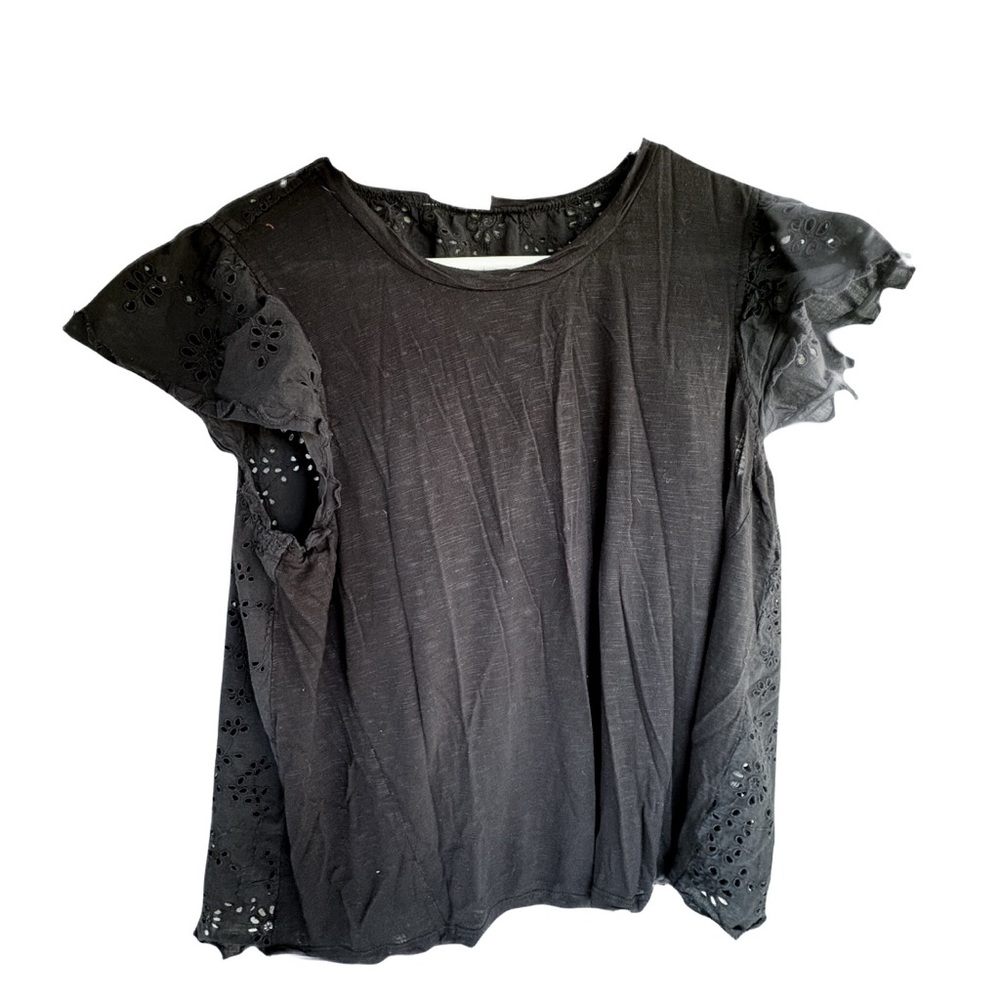 Elegant Black Eyelet Ruffle Sleeve Blouse